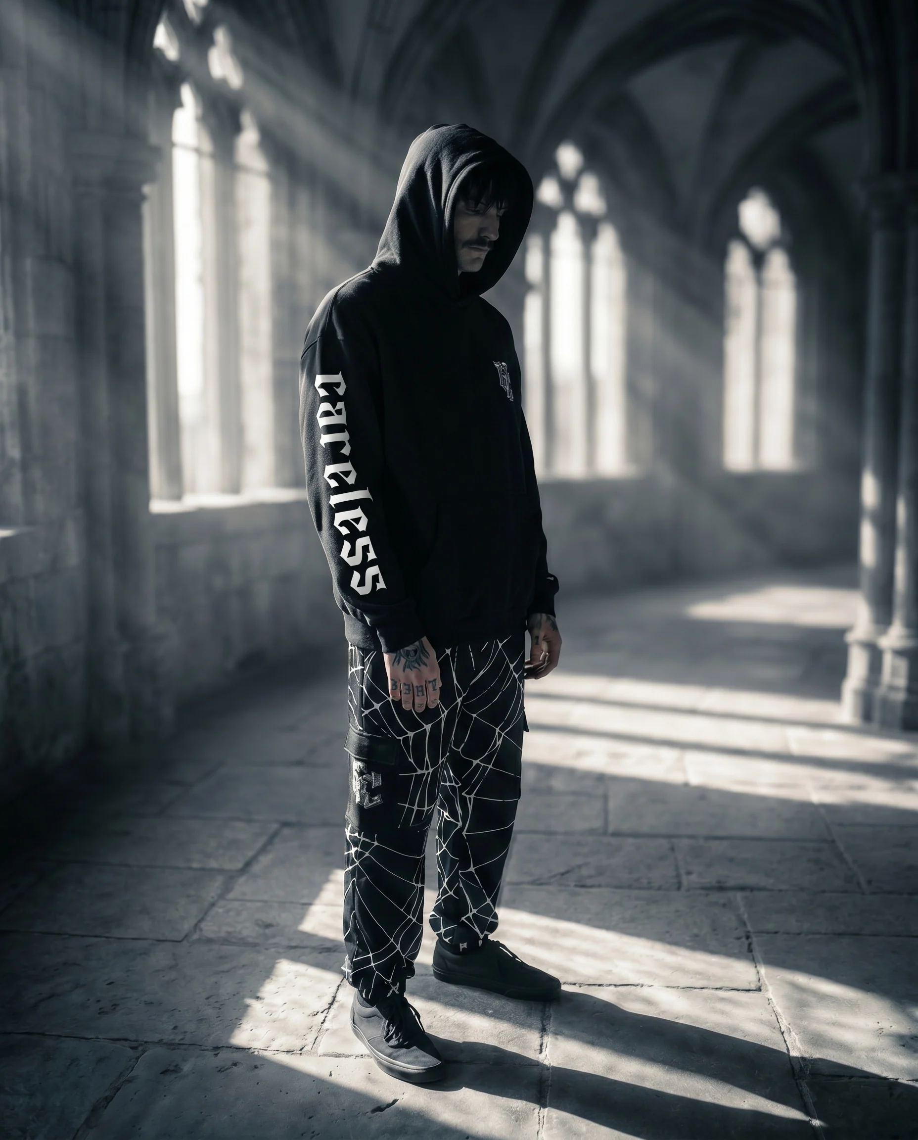 Scorpion King Heavyweight Oversized Hoodie - front view in gothic hall