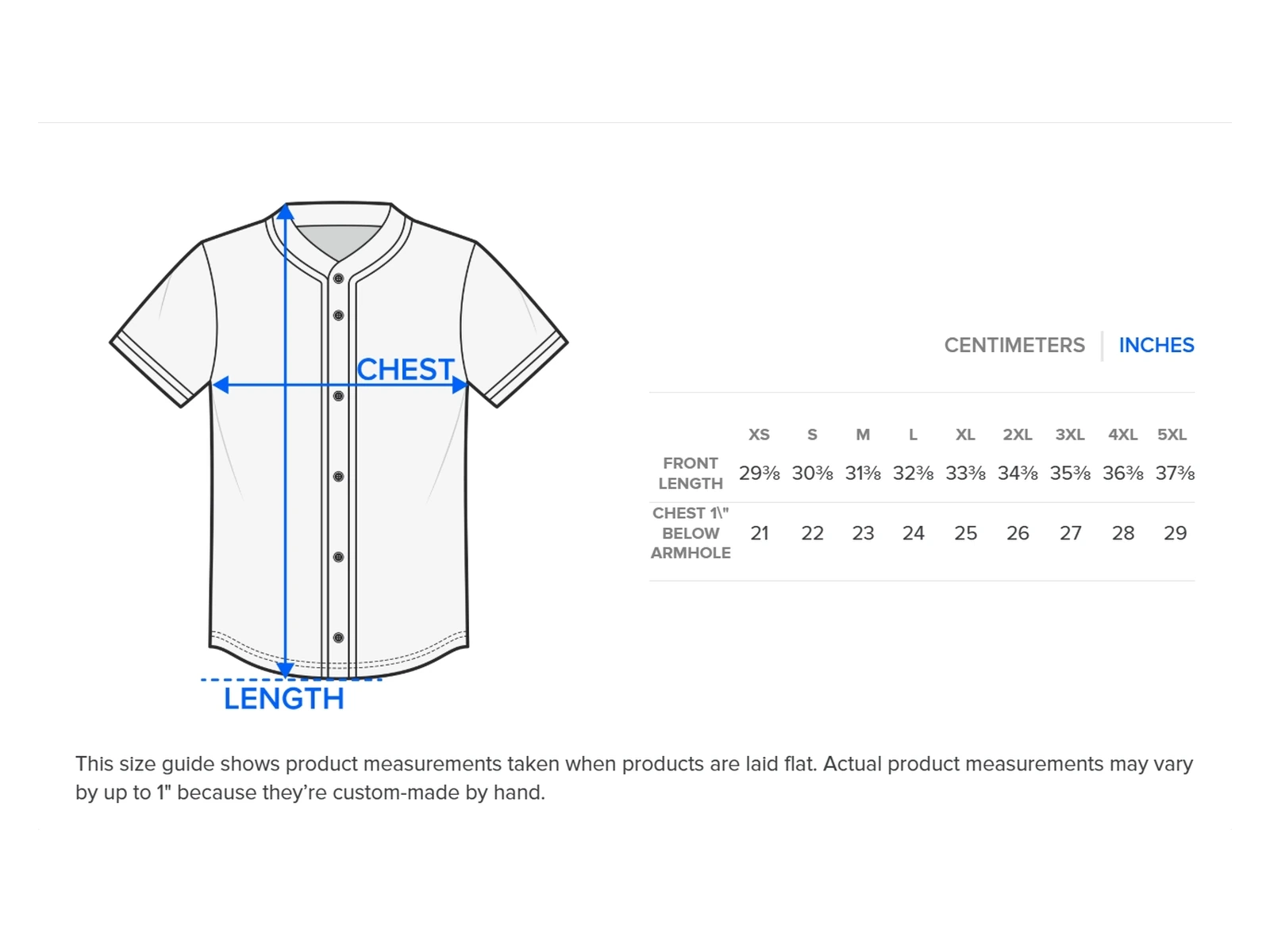 Careless Castle Baseball Jersey size chart - inches