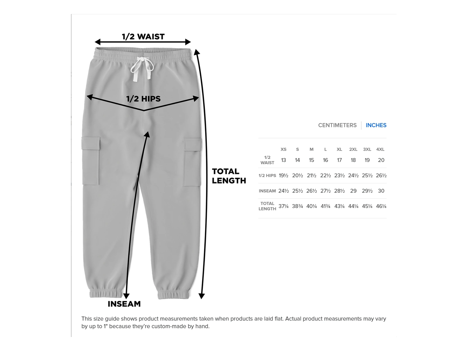 Half waist, Half hips, Inseam, Total length - Scorpion King Cargo Sweatpants in inches
