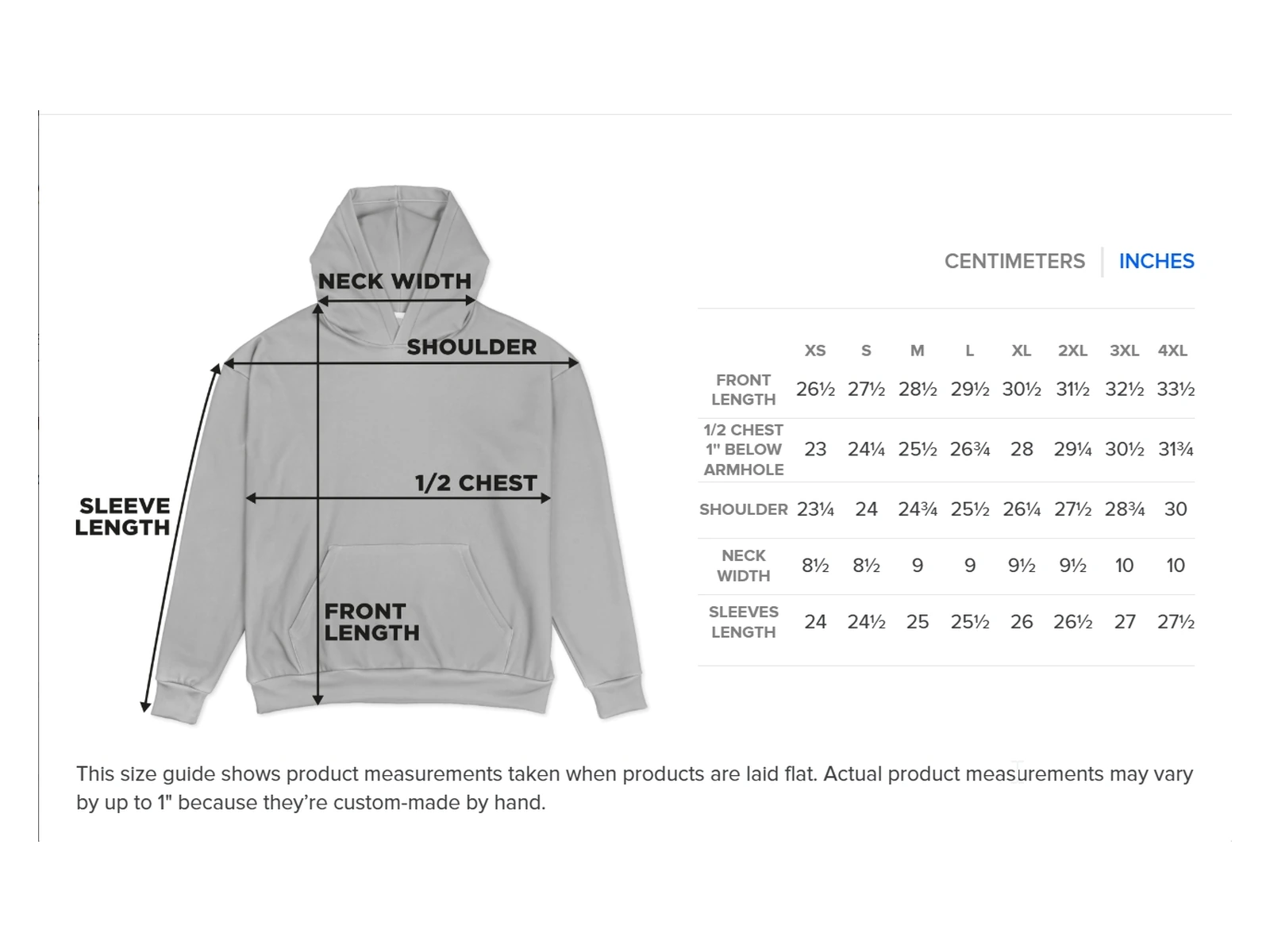 Scorpion King Hoodie size chart - inches