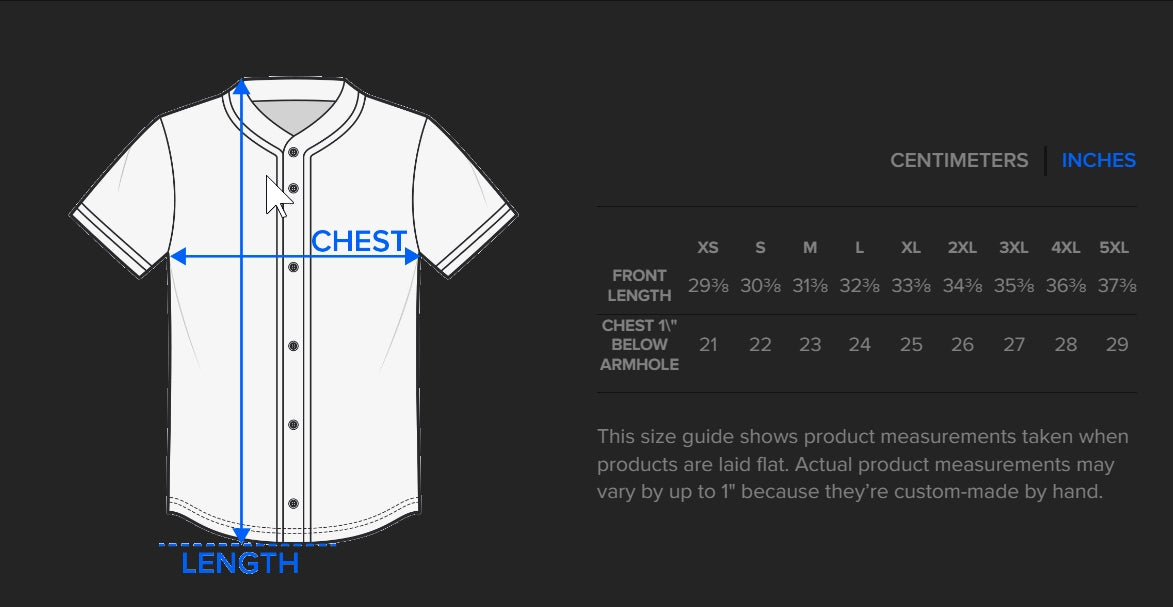Size guide for Robotic Takeover Jersey
